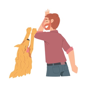 Happy Young Man and Dog Giving High Five to Each Other Cartoon Style Illustration vector
