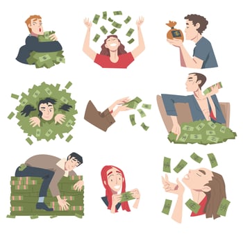 Rich Business People Set, Wealthy Men and Women, Millionaire Characters, Financial Success, Profit, Income Concept Cartoon Style Illustration vector