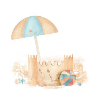 Watercolor beach scene with a sandcastle, beach umbrella, beach ball, starfish, and seashells on sandy texture. Ideal for kids decor, summer invites, scrapbooking, and holiday themed designs png