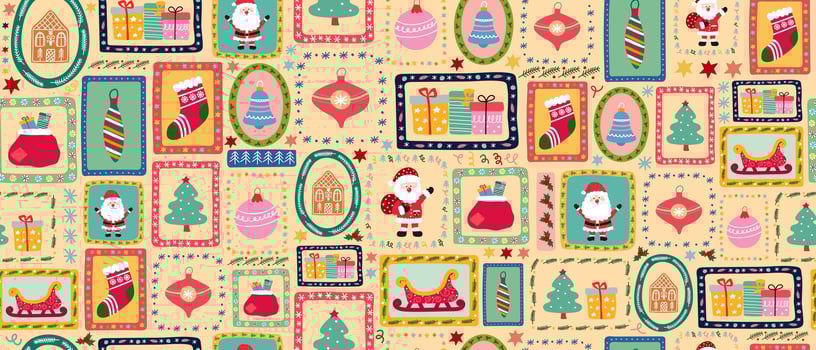 Christmas seamless retro pattern with Santa Claus, gift box, gingerbread house, stocking, bells and sleigh. Winter holiday season theme. vector