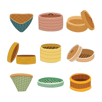 steamer bamboo basket set cartoon illustration vector
