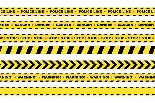 Crossed police lines with stop and danger signs, warning tape for restricted areas, security zone icon vector