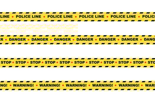 Yellow police tape with danger, stop, and warning signs, emergency situation, restricted access concept icon vector