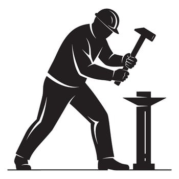 Blacksmith with hammer silhouetted hitting anvil depicting industrial work and metalworking vector