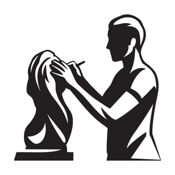 Silhouette illustration of a sculptor working on a stone bust with artistic detail vector
