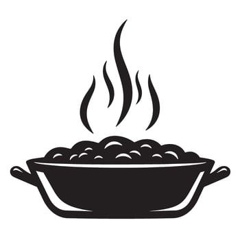 Simple black and white illustration of a hot dish steaming above a cooking pot vector