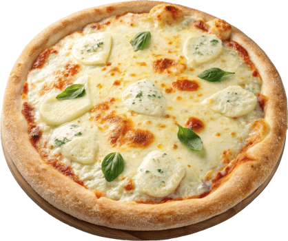 A delectable quattro formaggi pizza with a golden crispy crust and a creamy blend of four types of melted cheese garnished with fresh basil leaves png
