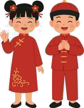 Cute Asian Kids in Traditional Chinese New Year Clothes vector