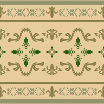 Traditional Classic Victorian Fleur de lis Scroll Ornament European Decoration Seamless Border Pattern. Royal Rich Empire Style with Emerald Green Gold on Brown Decoration Carpet Curtain Hand Drawn vector