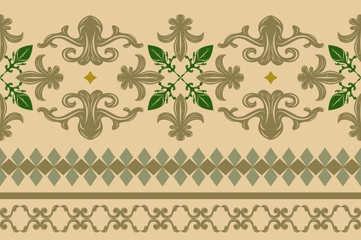 Elegance Masterpiece Medieval Fleur de lis Baroque Rococo Style Seamless Border Pattern. Marvelous Green Emerald Grandiose with Gold Ornament on Tan Beige Background. Tiles Carpet Curtain Apparel Silk vector