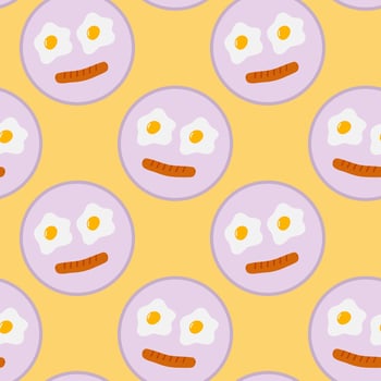 Fried Eggs and sausage Cute emoticons Seamless Pattern Motivation or Manu Cards Thematic Background. Isolated illustration Food or Breakfast Menu Cards Party invites or banner, leaflets, labels vector