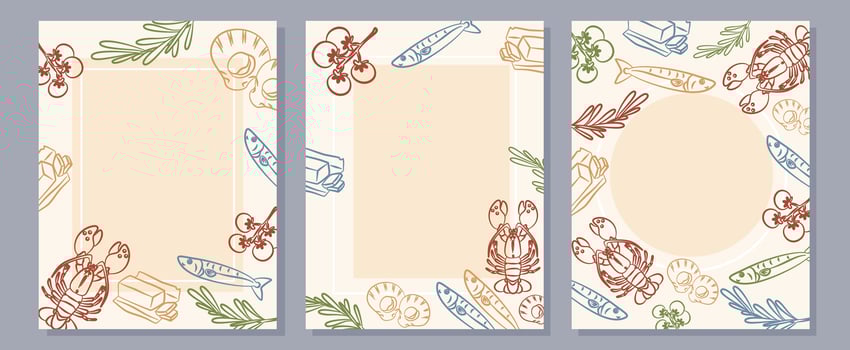 Seafood menu template set with lobster, fish, herbs, and butter. Perfect for restaurant flyer, background, or banner. vector