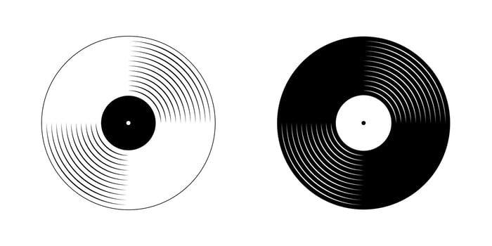 White and black vinyl record icons. LP or long play music discs isolated on white background. DJ equipment for techno club party or 70s 80s discotheque nostalgia concept. graphic illustration vector