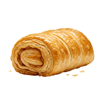 Golden brown pastry roll with spiral layers and flaky texture png