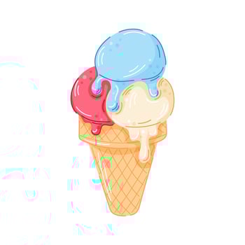 Ice cream cone with scoops of vanilla, strawberry or raspberry and mint or blueberry flavor in a waffle cone cartoon style. Perfect design for summer design and cafe menu. vector