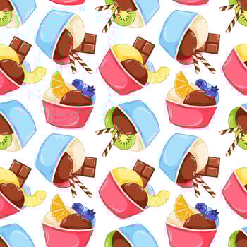 Seamless pattern of cartoon ice cream scoop in paper cup with orange fruit, pineapple, blueberry and chocolate bar. Perfect for summer background, kitchen wallpaper and textile design. vector