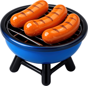 Three delicious grilled sausages on a miniature blue barbecue grill png