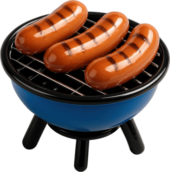 Three glossy grilled sausages on a miniature blue BBQ grill png