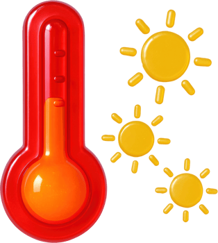 Vibrant red thermometer and suns symbolizing heat and warmth png