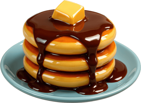 Golden pancakes stacked with rich chocolate syrup and melting butter png