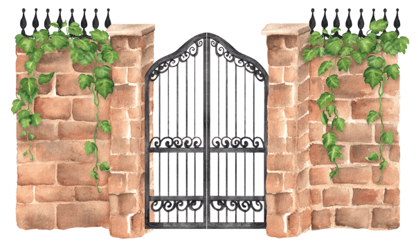 Red brick wall with pillars, black openwork closed iron gates with green ivy climbing on the wall. Garden clipart. Hand-drawn watercolor illustrations for scrapbooking, postcards, invitation design png