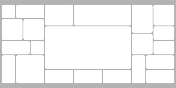 White grid design, bento box photo frame collage layout. Light mood board mockup horizontal banner. Puzzle mosaic blocks for picture gallery page. Flat graph y2k dashboard presentation slide vector
