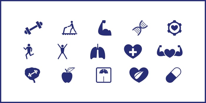 set of health and wellness icons illustrating medical care, fitness, wellbeing, nutrition, World Health Day, and healthy lifestyle elements in modern flat design vector