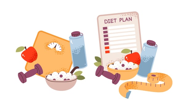 Diet plan with fitness equipment and healthy food vector