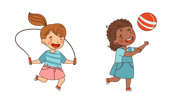 Little Girl in Kindergarden Playing Ball and Skipping Rope Illustration Set vector