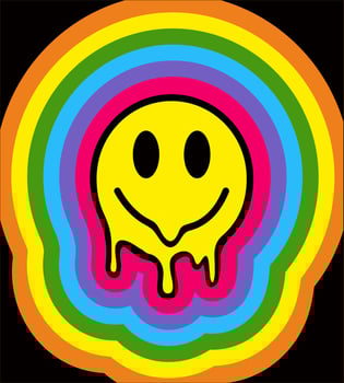 Funny tie dye psychedelic surreal melt smile face. 70s retro smile yellow groovy face. Acid, techno, trippy print. Acid rainbow smile illustration vector