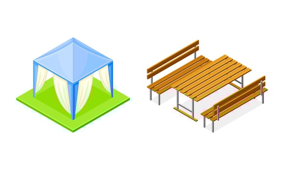 Picnic Tent or Marquee on Green Square Area and Wooden Table with Bench Isometric Illustration Set vector