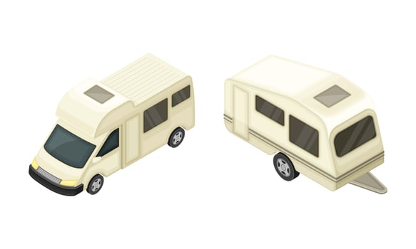 Camper Van or Travel Trailer as Home During Journey or Vacation Isometric Illustration Set vector