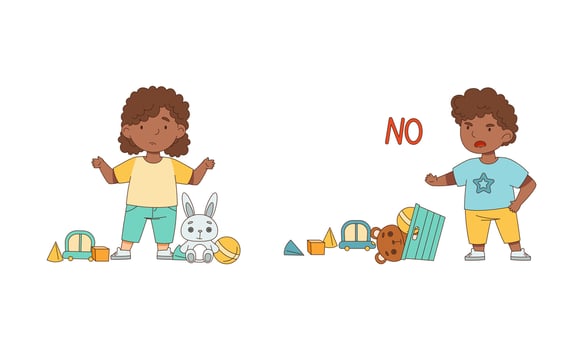 Grumpy African American Boy and Girl with Toys Grizzling Illustration Set vector