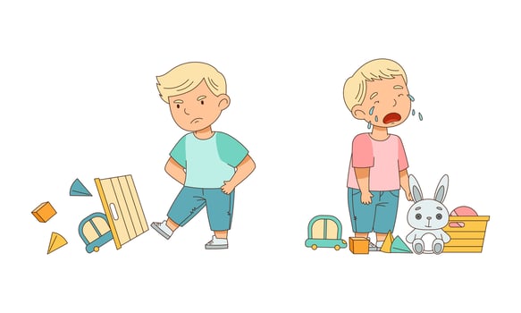 Grumpy Boy Among Toys Crying Out Loud and Kicking Box with Toys Illustration Set vector