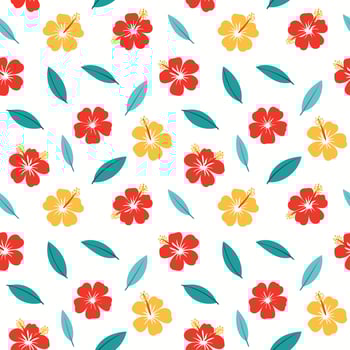 Colorful Hibiscus Flowers and Leaves Seamless Pattern Design vector