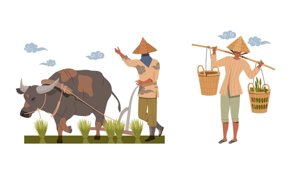 Asian Farmer in Straw Conical Hat Carrying Basket and Ploughing with Bull Illustration Set vector