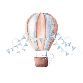 Watercolor Hot Air Balloon with blue pennants. Hand drawn baby boy illustration in pastel colors. Vintage style. For kids goods, cards and posters. Baby shower and png