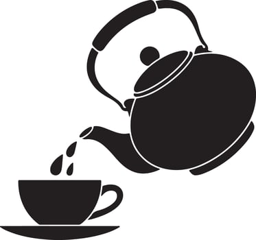 Black Silhouette Teapot Pouring Tea into a Cup on Saucer Simple Graphic Design Illustration vector