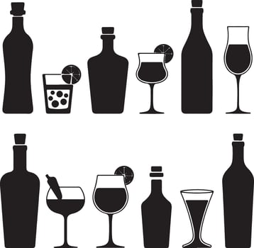 Collection of Black Silhouette Alcohol Bottle and Glass Icons Isolated on White Background Simple Liquor Drinkware Set for Menu Design vector