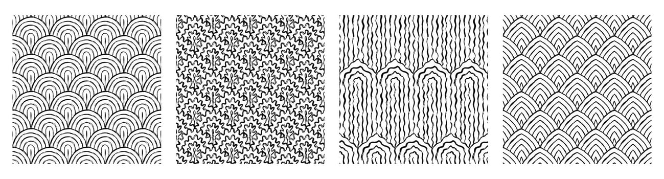 Monochrom Contemporary printable seamless pattern with abstract line, dot, shape brush stroke in black and white colors. Boho background in minimalist style Illustration for wallpaper fabric vector