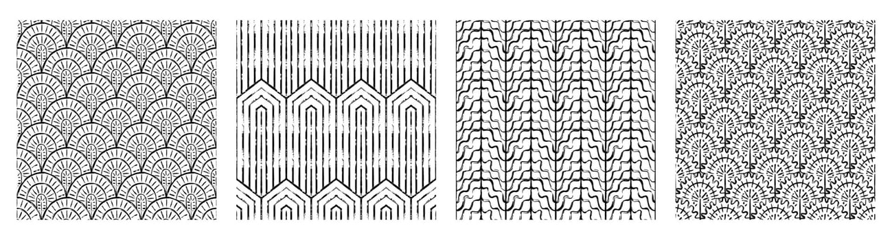 Black Contemporary printable seamless pattern with abstract line, dot, shape brush stroke in black and white colors. Boho background in minimalist style Illustration for wallpaper fabric vector