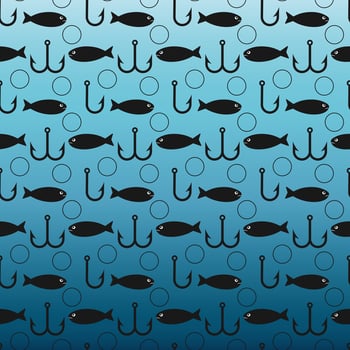 Fishing tackle hook. Seamless fishing hook pattern with fish on underwater ocean background vector