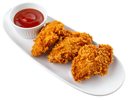 crispy golden chicken tenders with dipping ketchup sauce on white long plate on isolated background png
