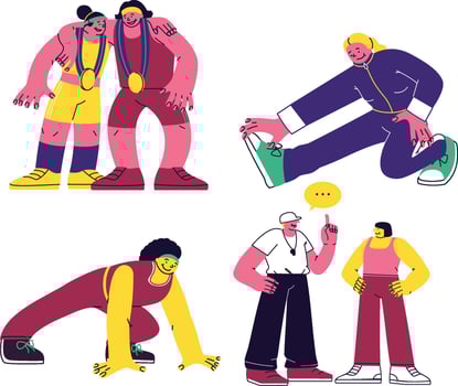 Vibrant flat-style illustrations of sporty runners, coaches, and race moments for athletic and community-themed visuals. vector