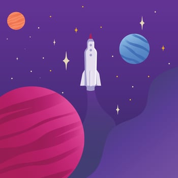 Rocket flies past planets and stars in outer space. vector
