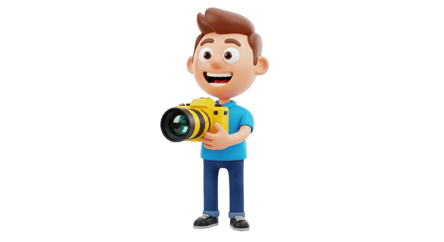 A cartoon boy holding a photographic camera in a playful 3d character rendering, perfect for children media on transparent background. png
