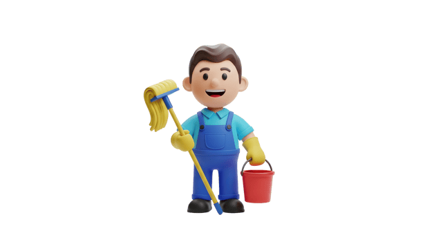 Cartoon man cleaner holding a mop and bucket on transparent background. Cleaning service worker character for household chores. png