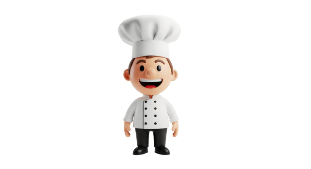 A 3D render of a smiling man chef cartoon character in a white uniform and hat, on transparent background, for culinary concept. png