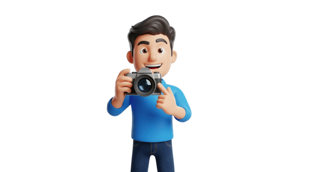 Smiling man photographer character holding a camera. Concept of capturing moments and photography hobby on transparent background. png