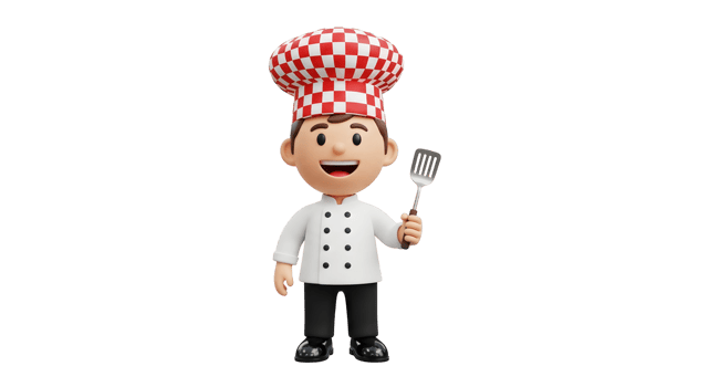 A 3d render of chef cartoon male character in uniform with spatula. Cute cook for restaurant menu design on transparent background. png